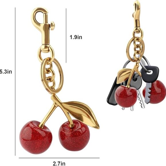 Glitter Cherry Bag Charm with Key Ring and Clip – Sparkling Resin & Metal Accent - Picture 3 of 4